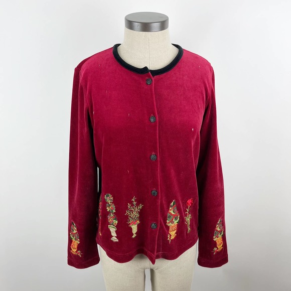 Susan Bristol Red Velour Ugly Christmas Sweater Cardigan Holiday Plants Trees - Picture 3 of 16